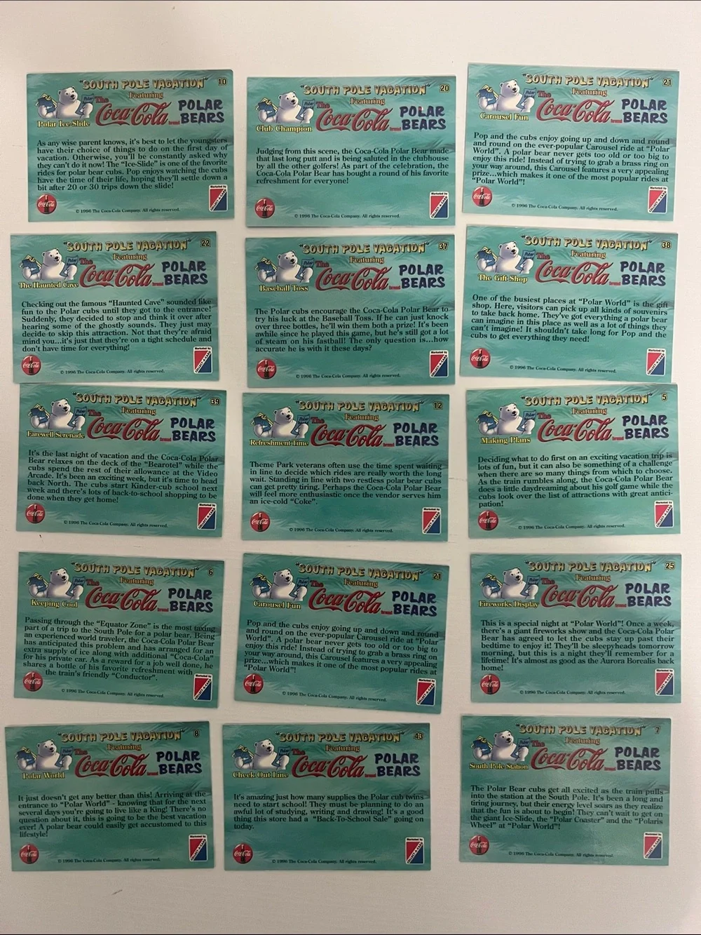 1996 South Pole Vacation Coca Cola Polar Bears Trading Cards (15) - Lot #3